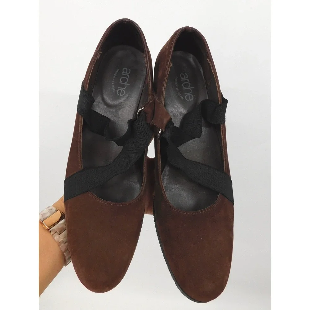 Arche Brown Nubuck Leather Wedge Pumps Black Elastic Straps‎ France Womens 37
